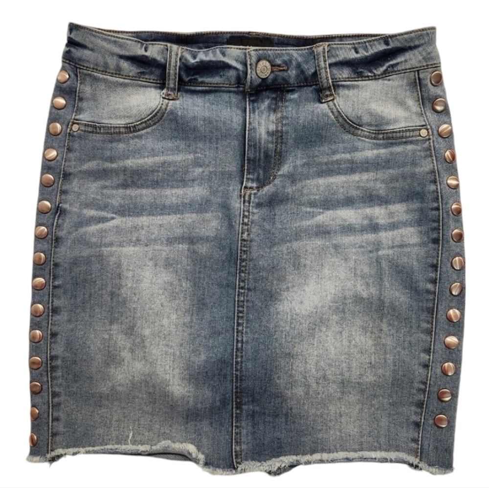 🪻BOGO🪻 Celebrity Pink Blue Denim Studded Punk Raw Hem Mini Skirt Size 5 (27)